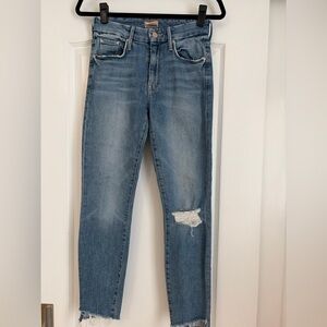 MOTHER The Looker Ankle Step Fray Jeans Size 26 Distressed Raw Hem Blue Denim